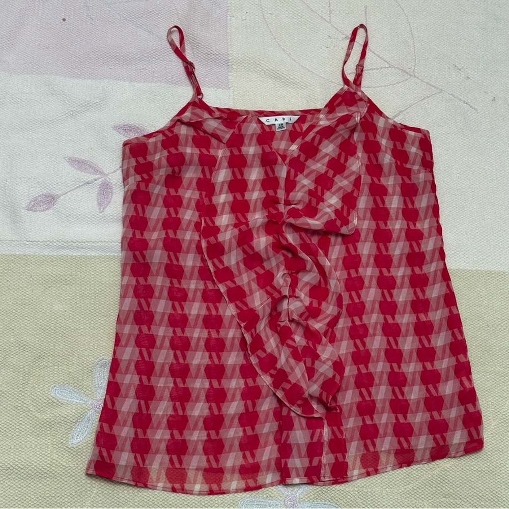 CAbi Amour Cami Lipstick Pink Ivory Ruffle Check Front Tank Top V-neck - Picture 2 of 6
